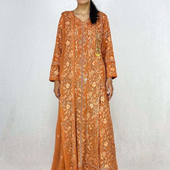 Peach Chiffon Angrakha Maxi Dress Embroidered Long Frock Complete Look Video